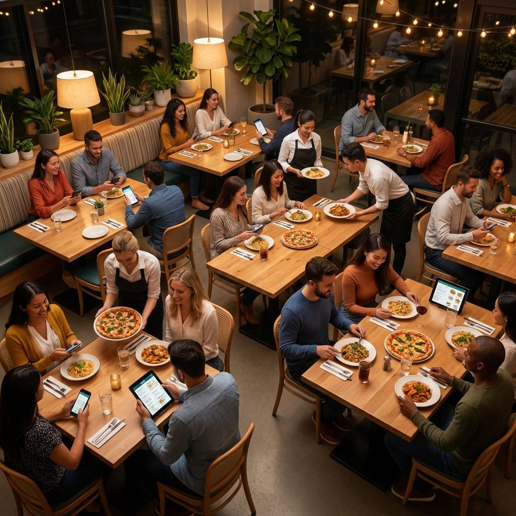 Restaurante lleno con clientes usando menús digitales