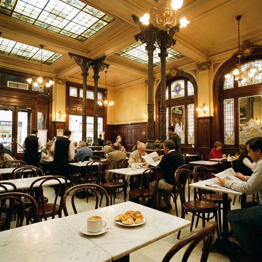 Interior del Café Tortoni con mesas de mármol, vitraux y arquitectura Belle Époque