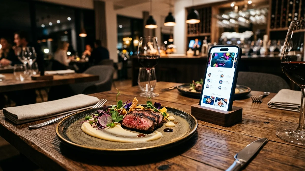 Plato de autor contemporáneo en restaurante gourmet junto a smartphone exhibiendo carta digital interactiva en mesa