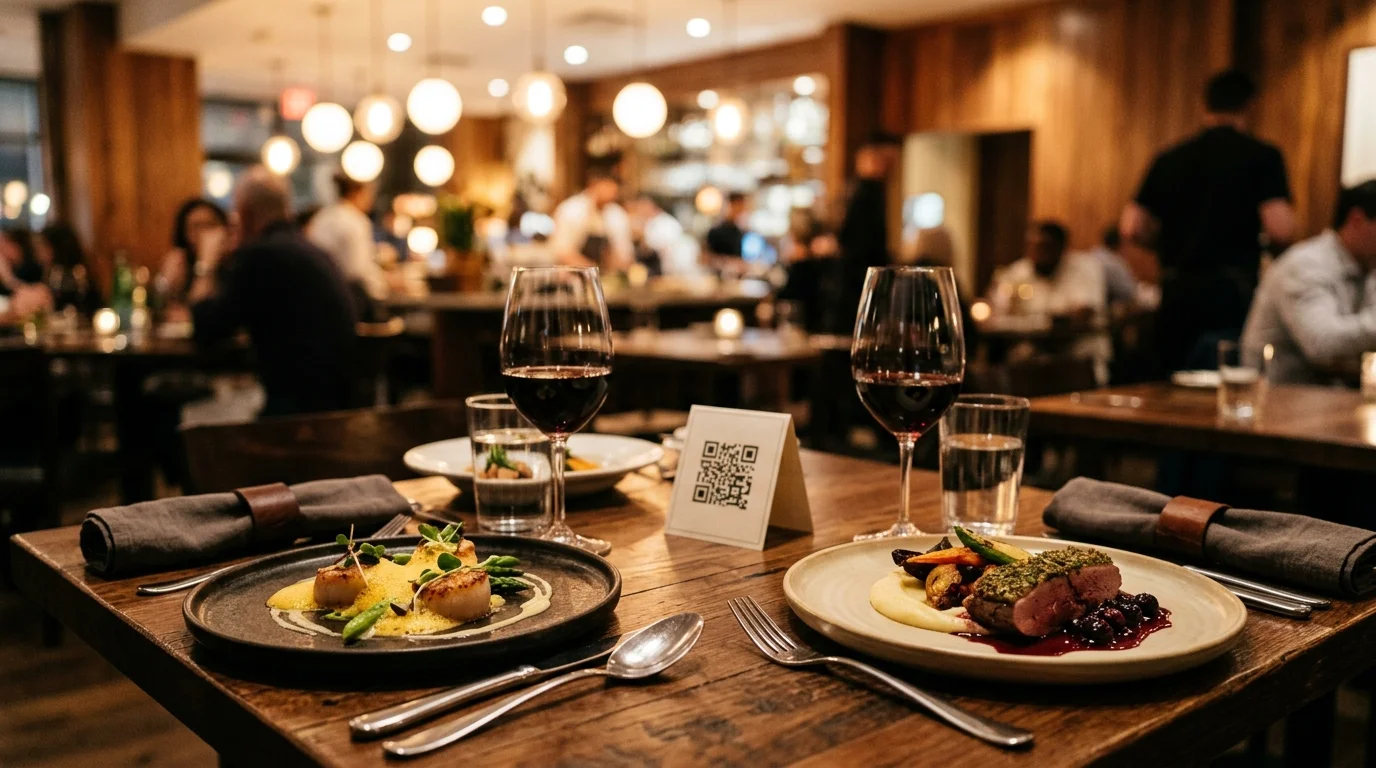 Salón gastronómico moderno con comensales disfrutando de platos de autor y carta digital QR en mesa