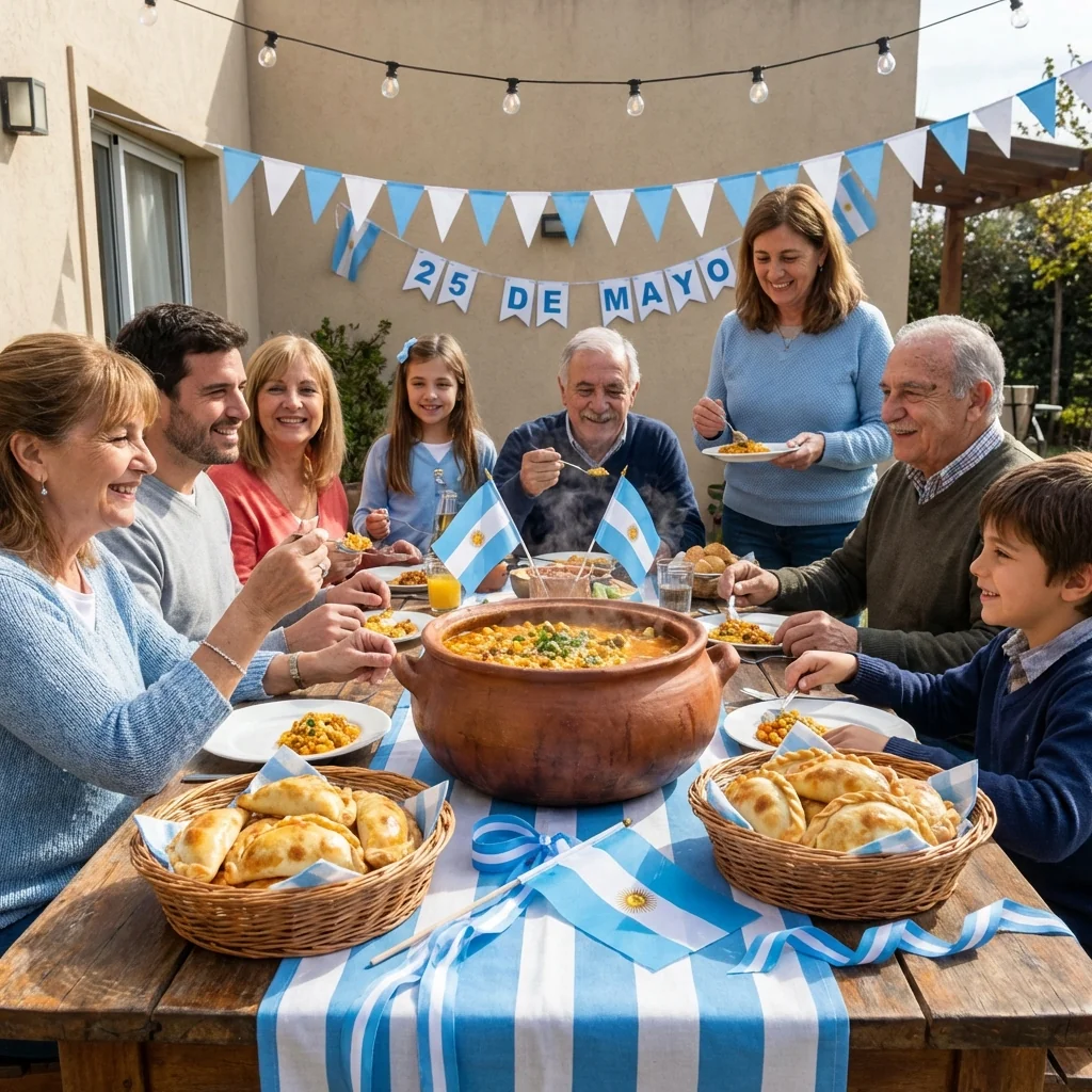 Familia argentina celebrando el 25 de mayo con locro y empanadas