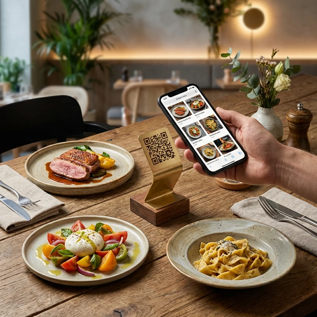 Mesa servida en restaurante con soporte de código QR de latón y cliente utilizando menú digital
