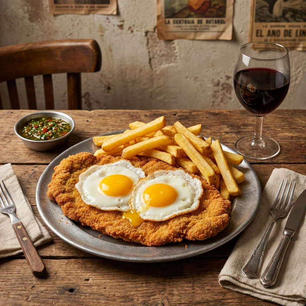 Milanesa gigante a caballo con huevos fritos en bodegón porteño