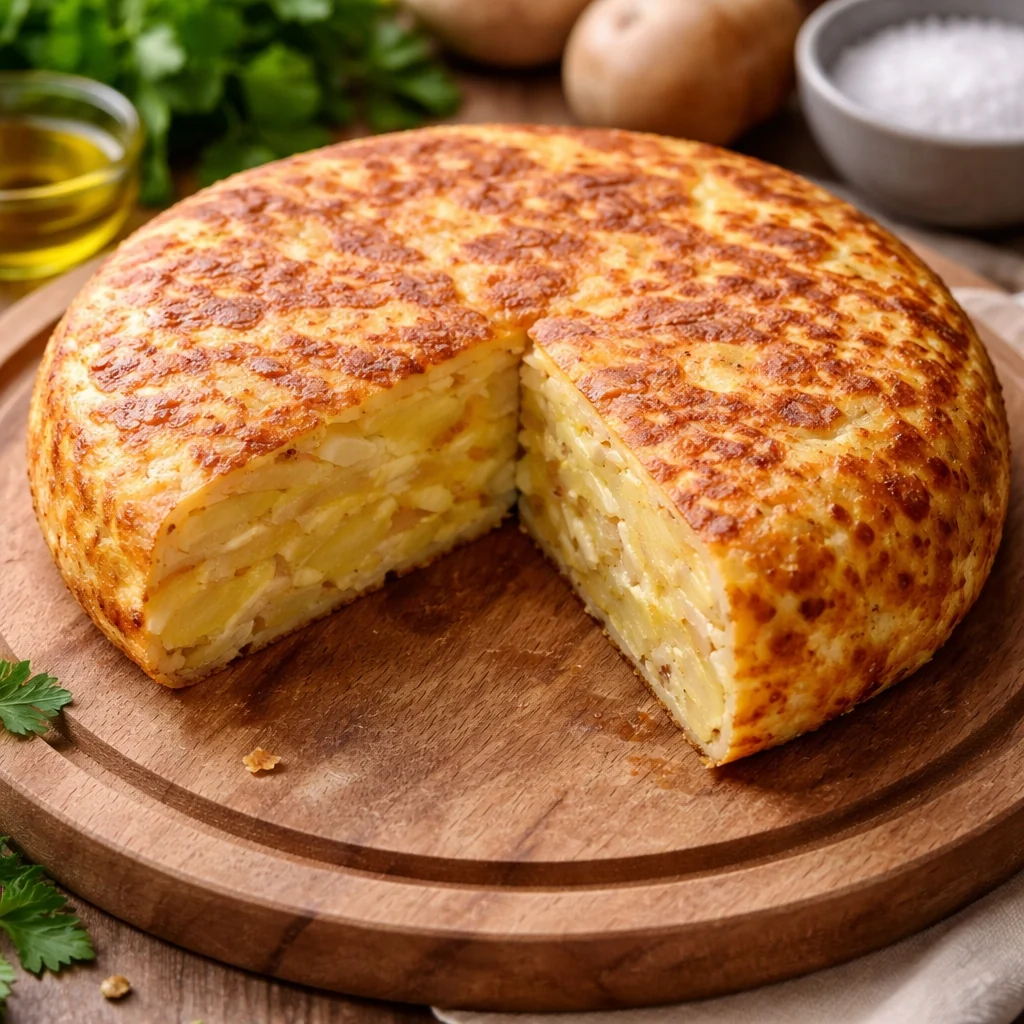 Tortilla de papas española babé con cebolla y chorizo colorado