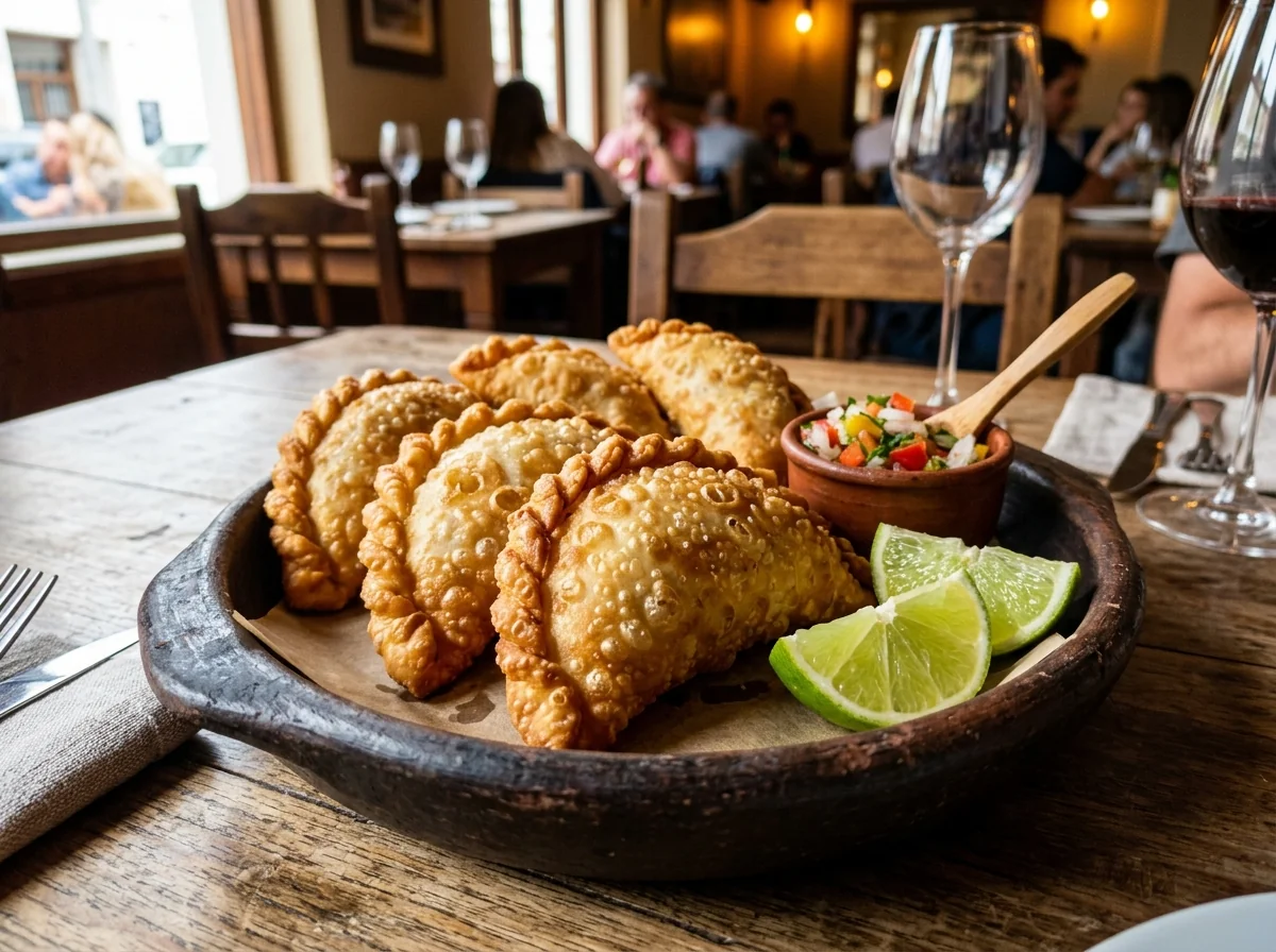 Empanadas criollas fritas con masa ampollada y gajos de limón