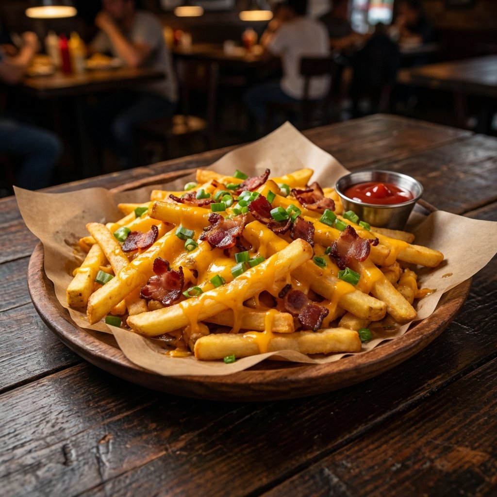 Papas con Cheddar, Bacon y Verdeo