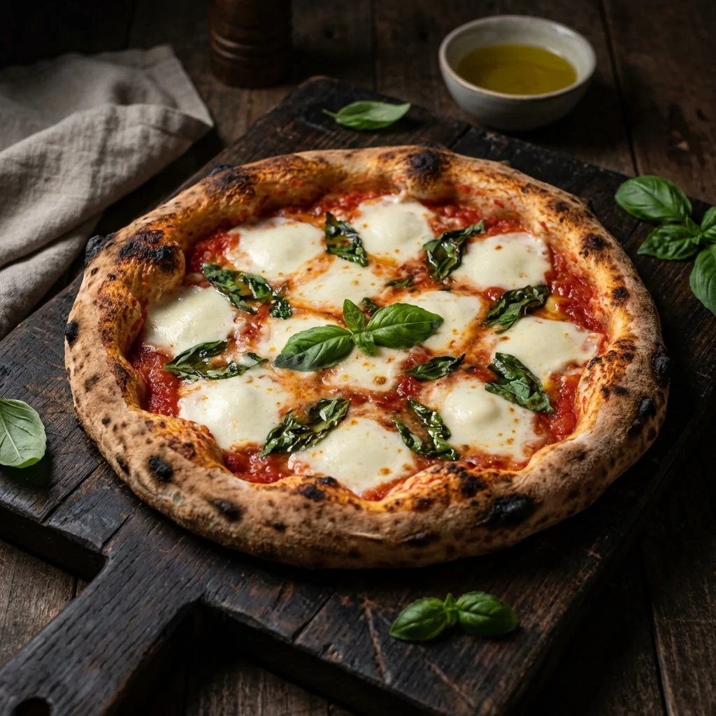 Pizza napolitana artesanal al horno de leña con albahaca fresca