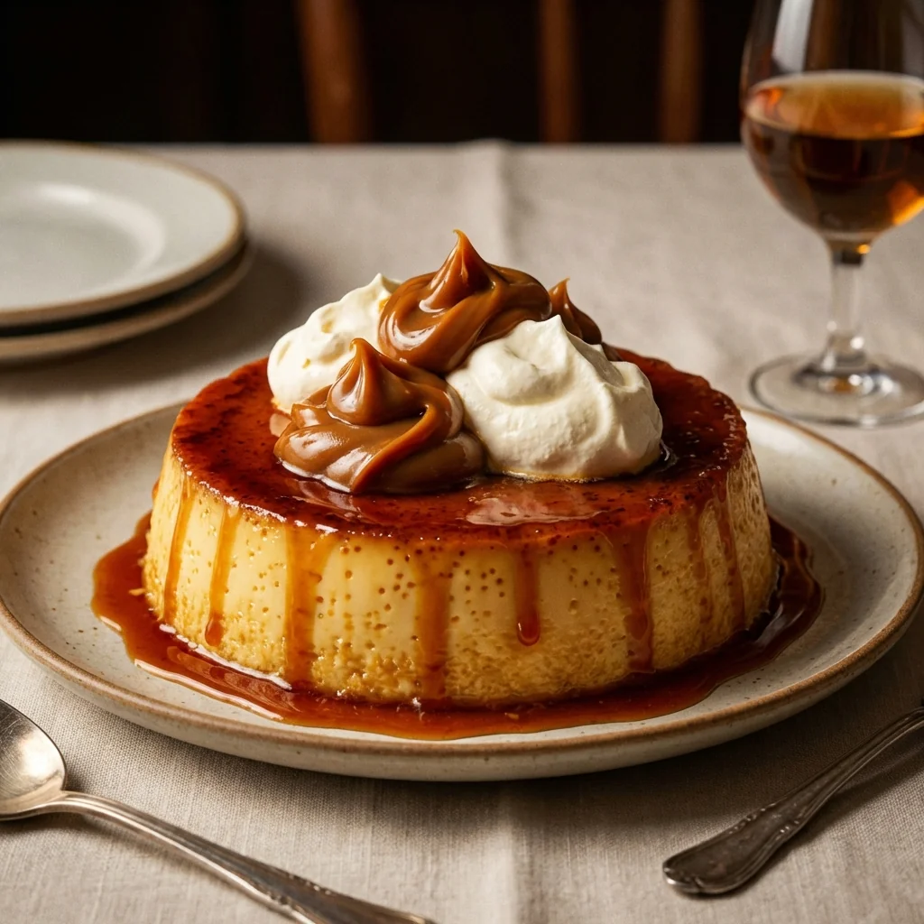 Postre flan casero mixto con porciones exactas en restaurante