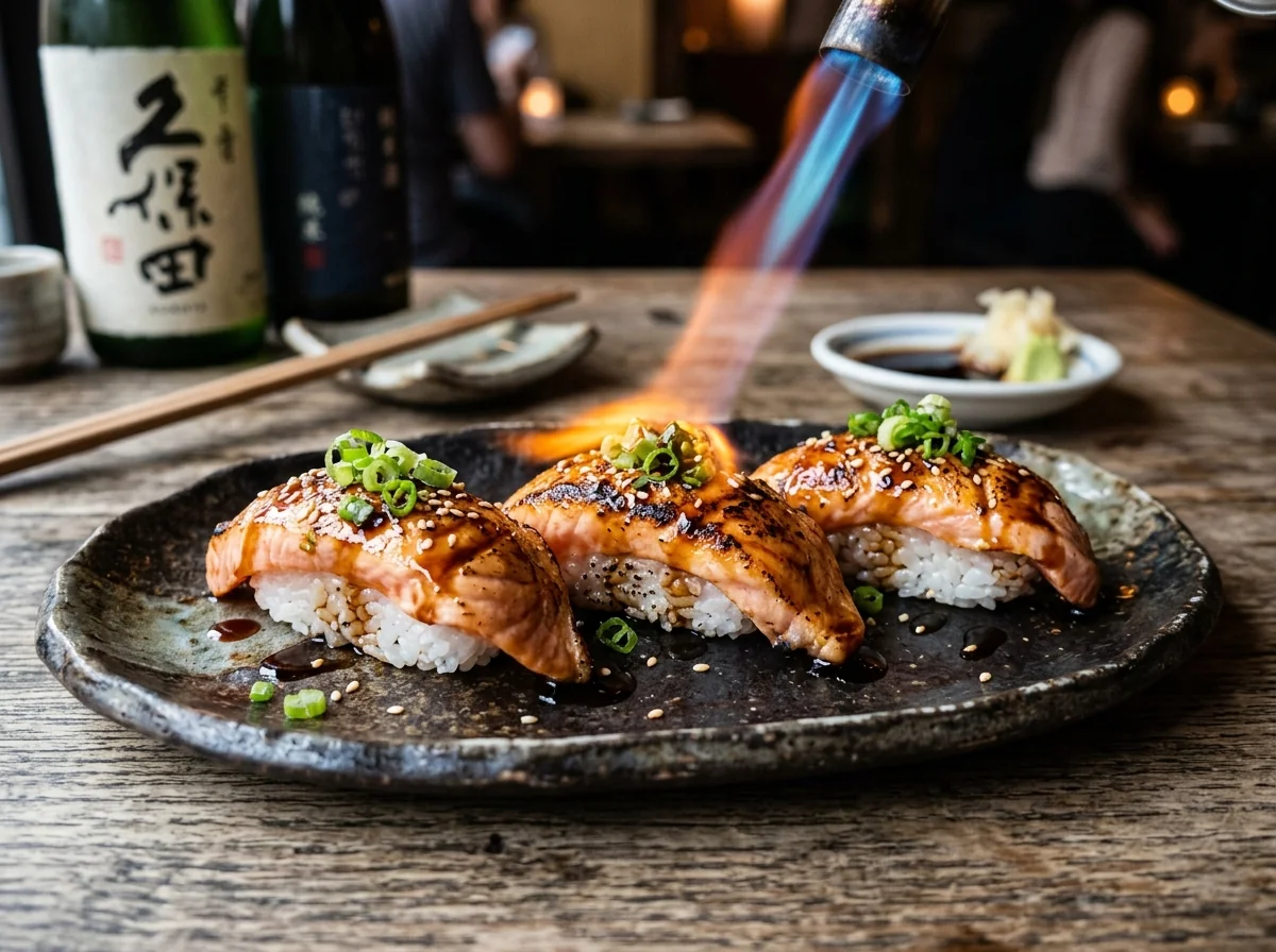 Niguiris de salmón flambeados al soplete con salsa unagi