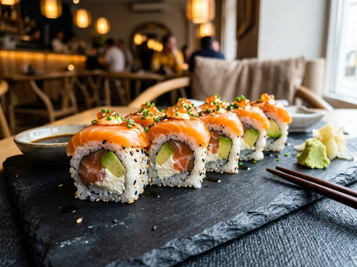 Rolls de sushi fotografiados con luz natural lateral