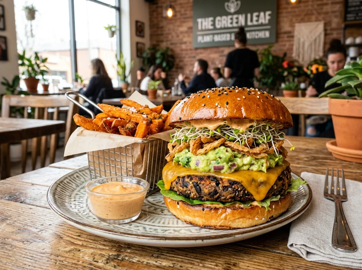 Hamburguesa plant-based con queso vegano fundido y guacamole